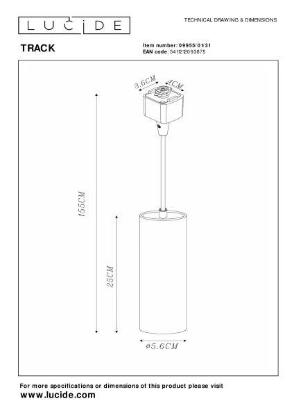Lucide TRACK FLORIS Lámpara colgante - Sistema de carril monofásico / Iluminación con rieles - 1xGU10 - Blanco (Extensión) - TECHNISCH